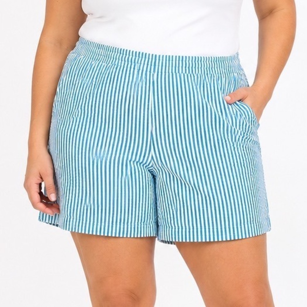 Lands End Womens 24W Seersucker Shorts Blue White Striped Mid Rise Plus Size